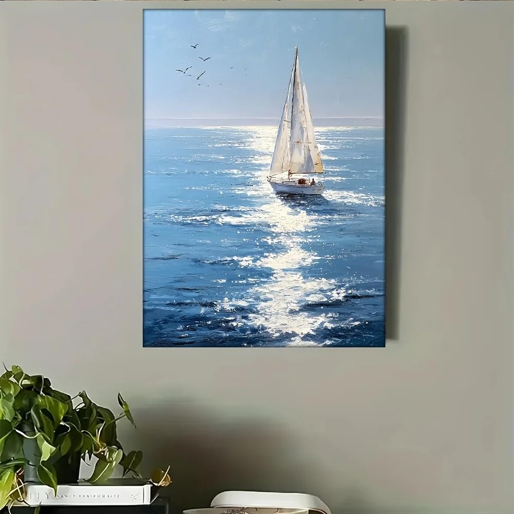 Gosrd Frameless Canvas Prints Ocean Sailboat Art Coastal Home Decor, For Living Room Bedroom Kitchen(40X55cm)