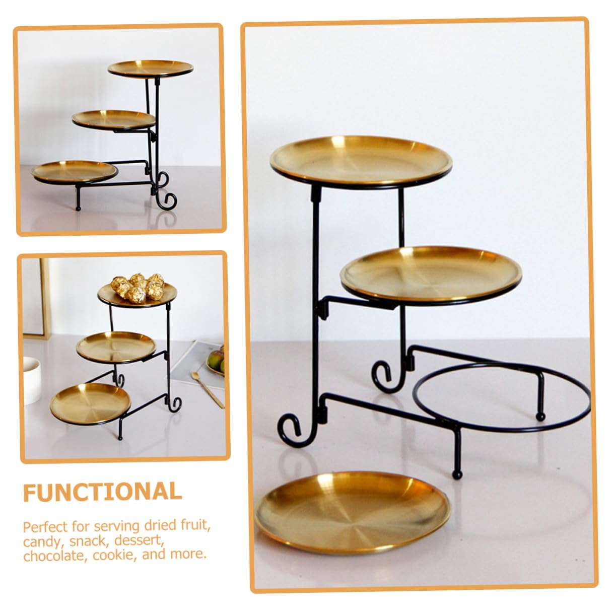 BESTYASH Alzatina 3 Livelli in Acciaio Inox Oro, per Frutta e Dolci | Portatile e Leggera, per Caramelle e Frutta Secca, Lavorazione Curata, per Picnic e Regalo