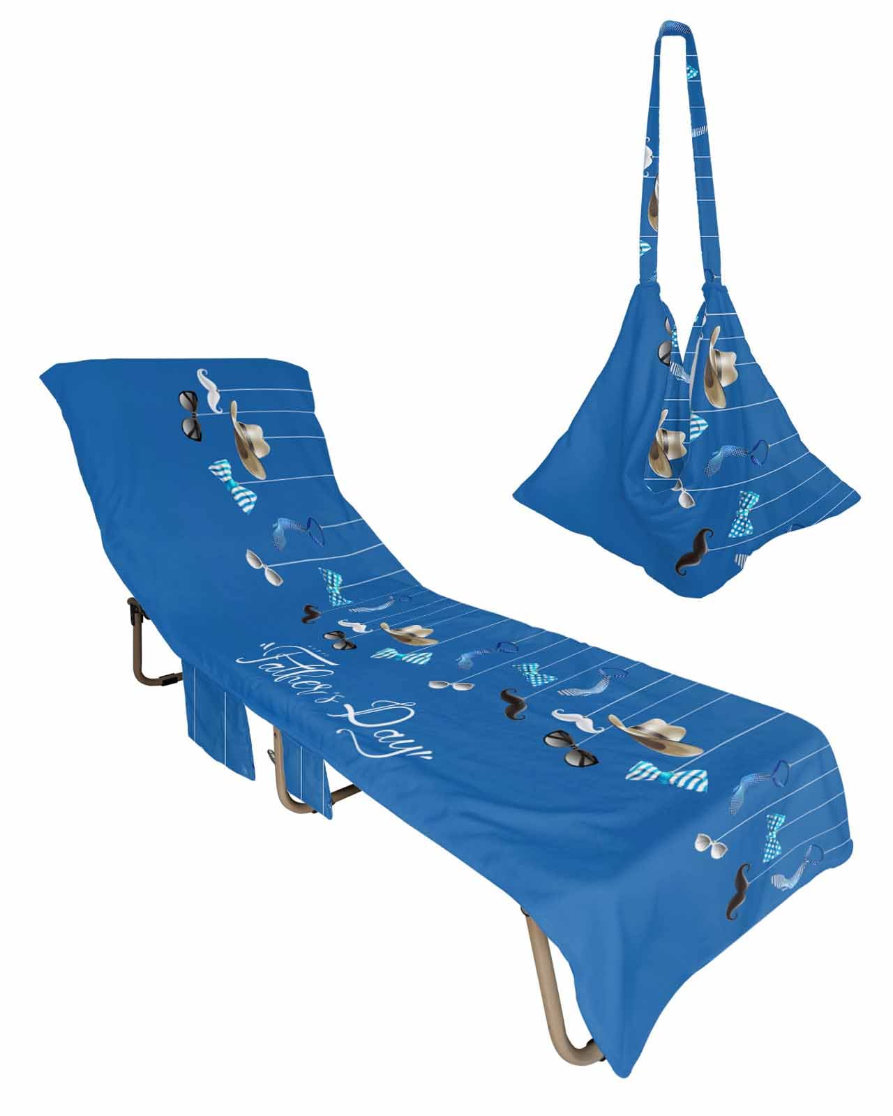 Blue Father's Day Beach Lounge Chair Towel Cover, Soft Chaise Lounge Towel with Side Pockets Patio Pool Chairs Cover for Beach/Pool Sunbathing 29x85 Blue Polka Dots Bow