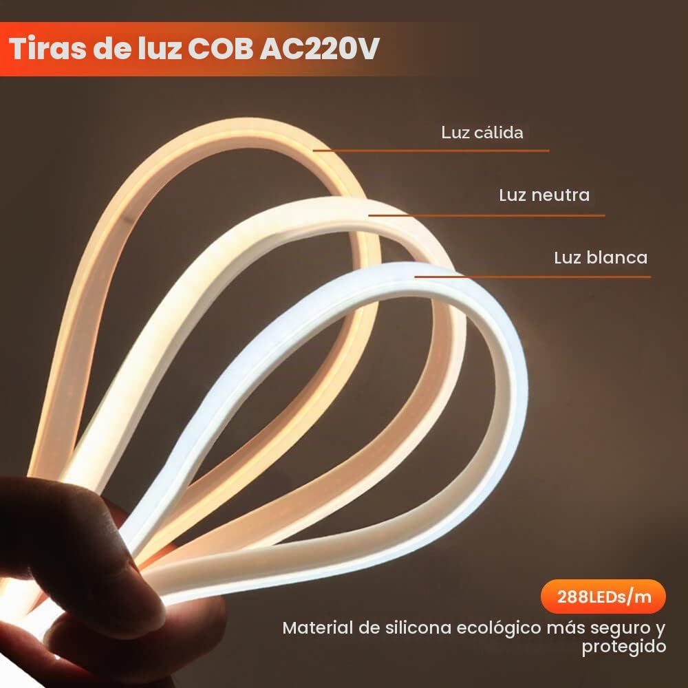 XUNATA 20m LED Neon Flexible 220V, Alto brillo 288 LED/m Tira de LED COB con Cable de Alimentación, Cada Corte de 50 cm, IP65 Impermeable, Luz de Cuerda - Blanco Frio