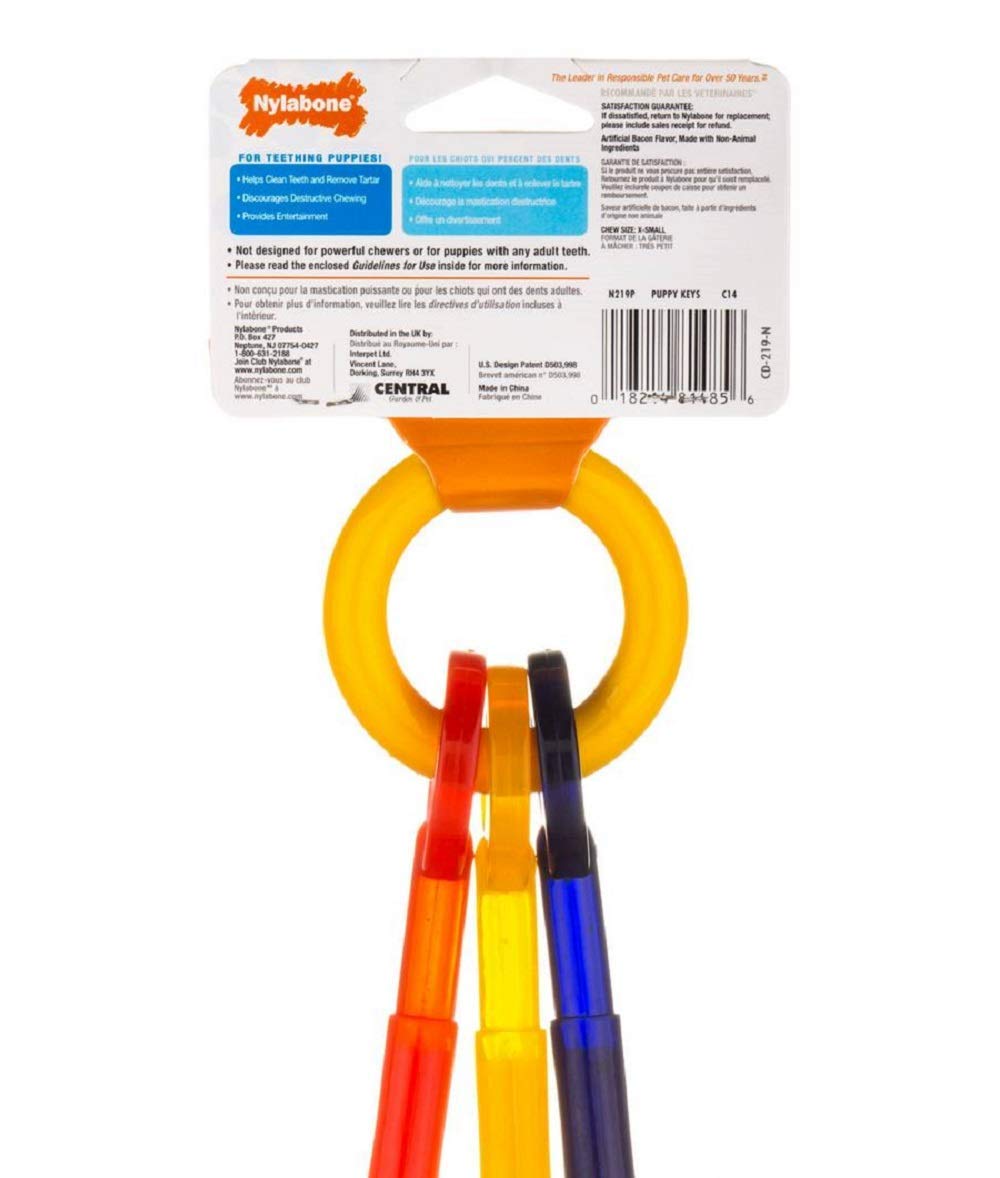 Nylabone Paquete de 4 llaveros para dentición de cachorros, tamaño XS | Juguete masticable con sabor a tocino