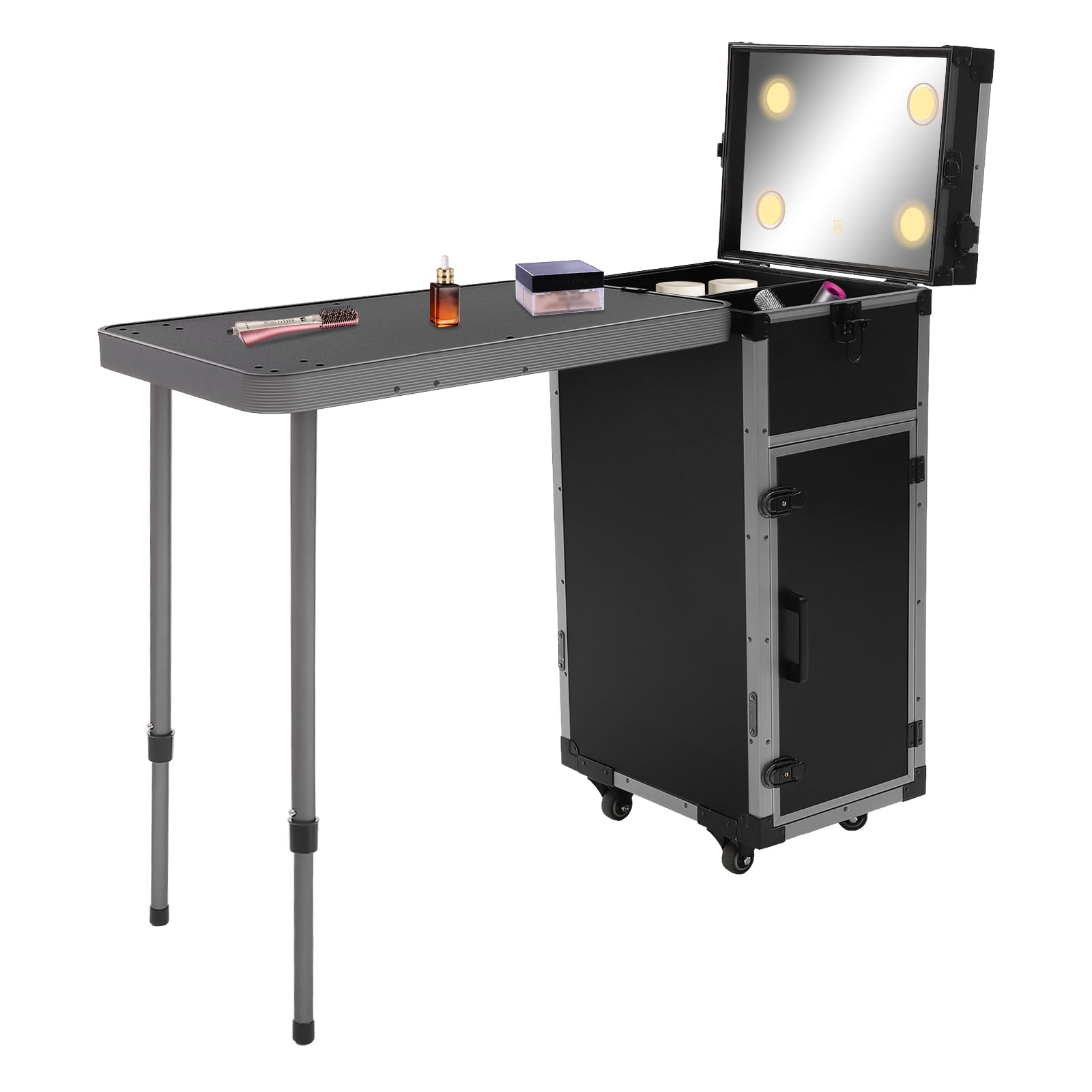 Eleeferri Rolling Manicure Table 4 Drawers Pro Makeup Train Case Foldable Nail Desk Cosmetology Case on Wheels with LED Mirror for Technician Workstation Mobile Makeup Artist Trolley