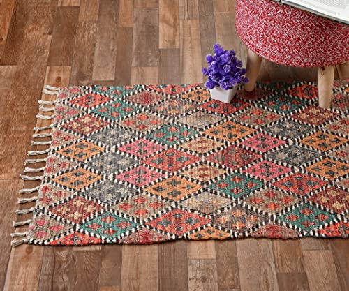 Image of HOMADORN Handmade Sustainable Printed Modern Dhurrie /Rugs /Carpet upcycled from Scrap Fabric for Living Room /Bedside Runner for Enhanced Decor (2x5 feet)