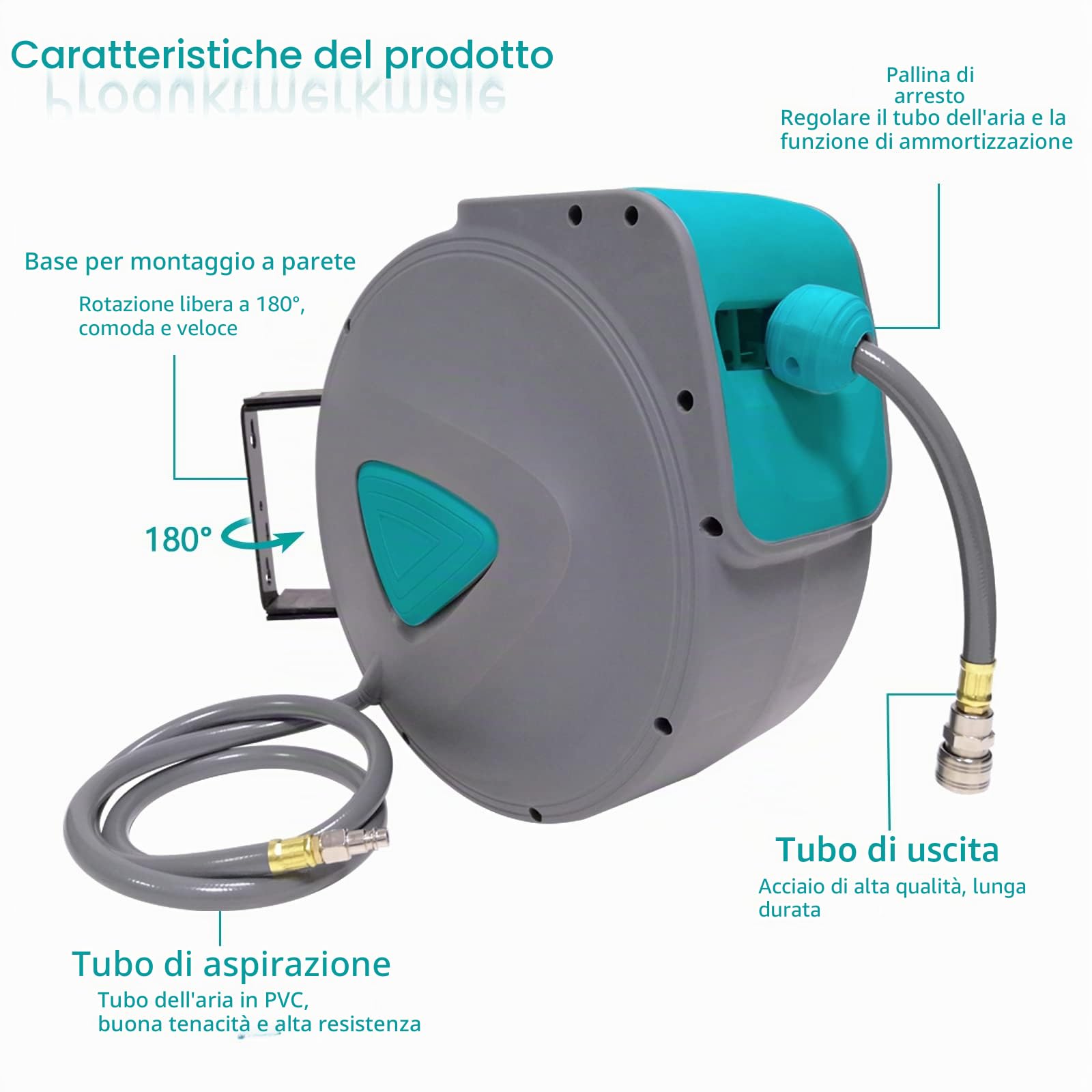 LZQ Avvolgitubo aria compressa professionale (20 m + 2 m), connessione 1/4" BSP giunto rapido, con riavvolgitore automatico e auto-stop