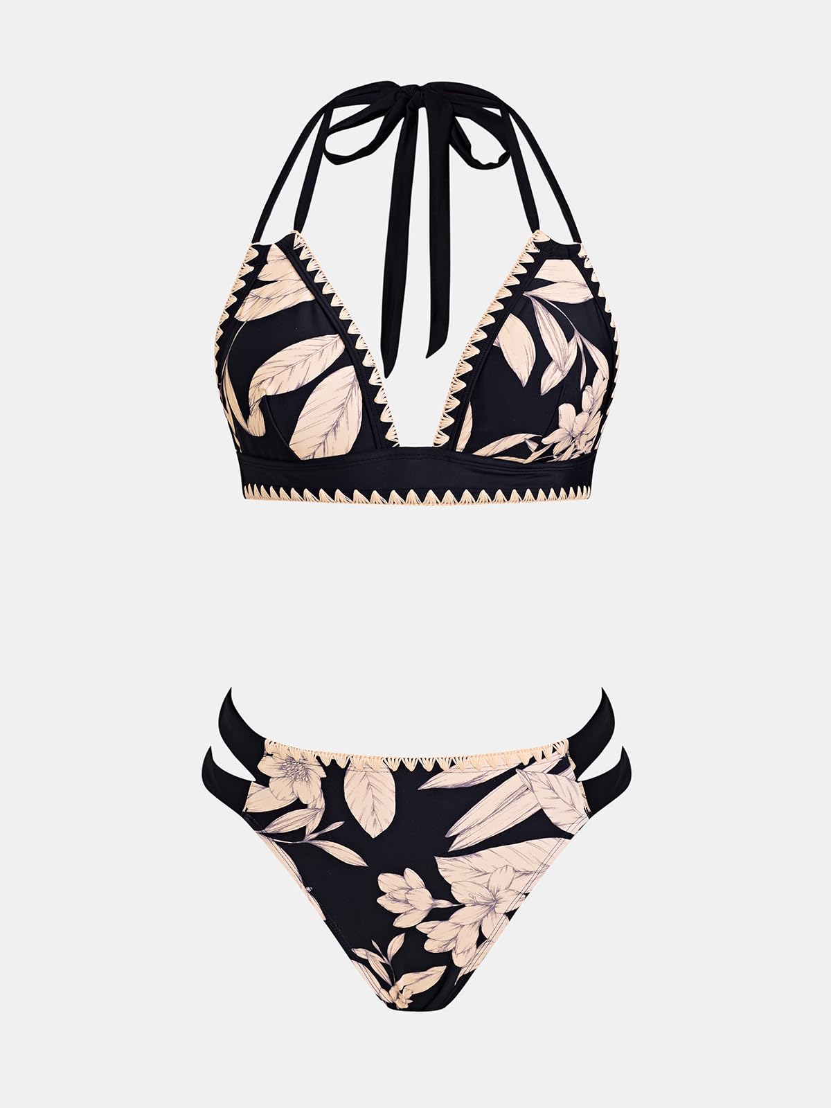 CUPSHE Conjunto de bikini para mujer, traje de baño de dos piezas, cuello halter, cuello en V, gancho trasero, costuras recortadas, parte inferior atrevida