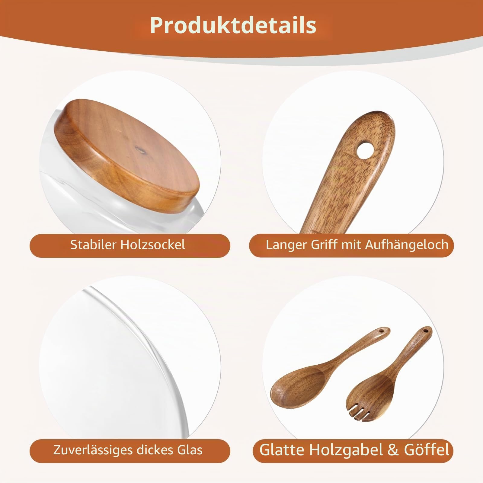 Salatschüssel aus Glas mit Holzboden und Servierutensilien, große Servierschale für Partys, Obst, Snacks und mehr