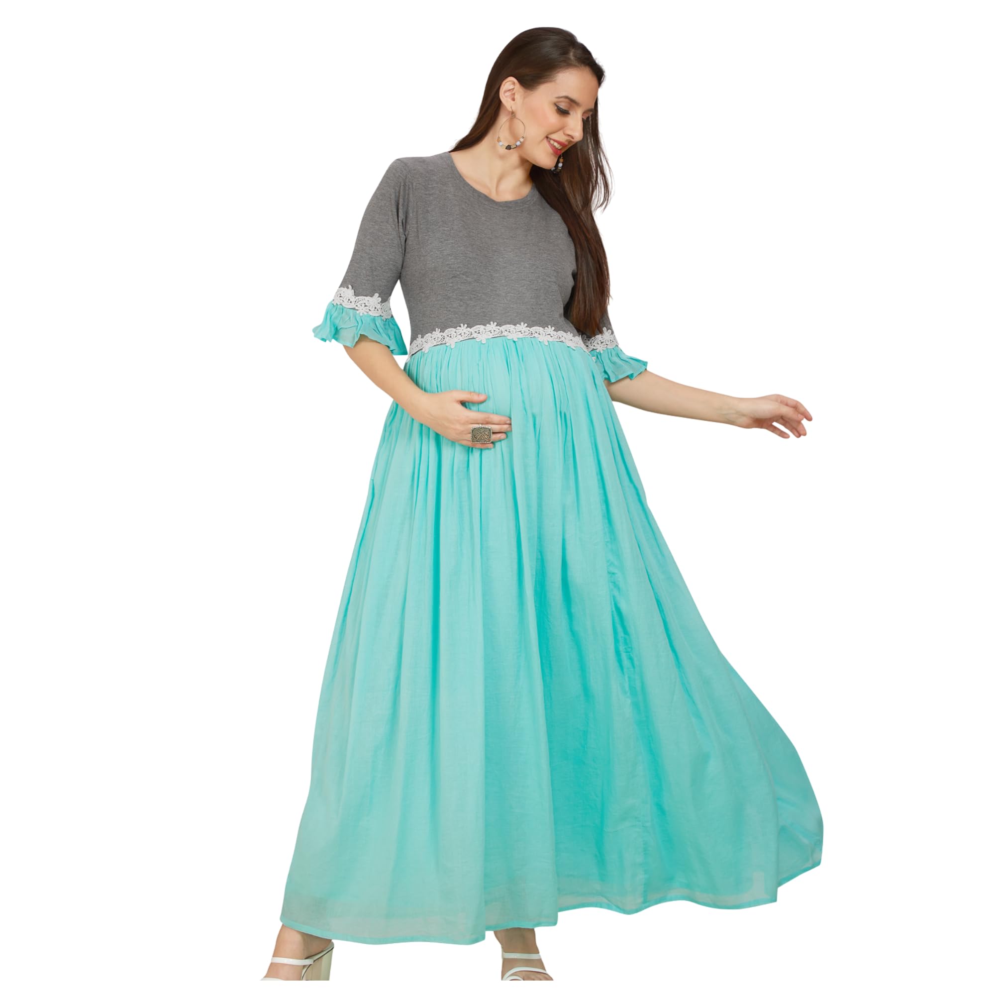 Sea Green Cotton Maternity Dress-picture-31
