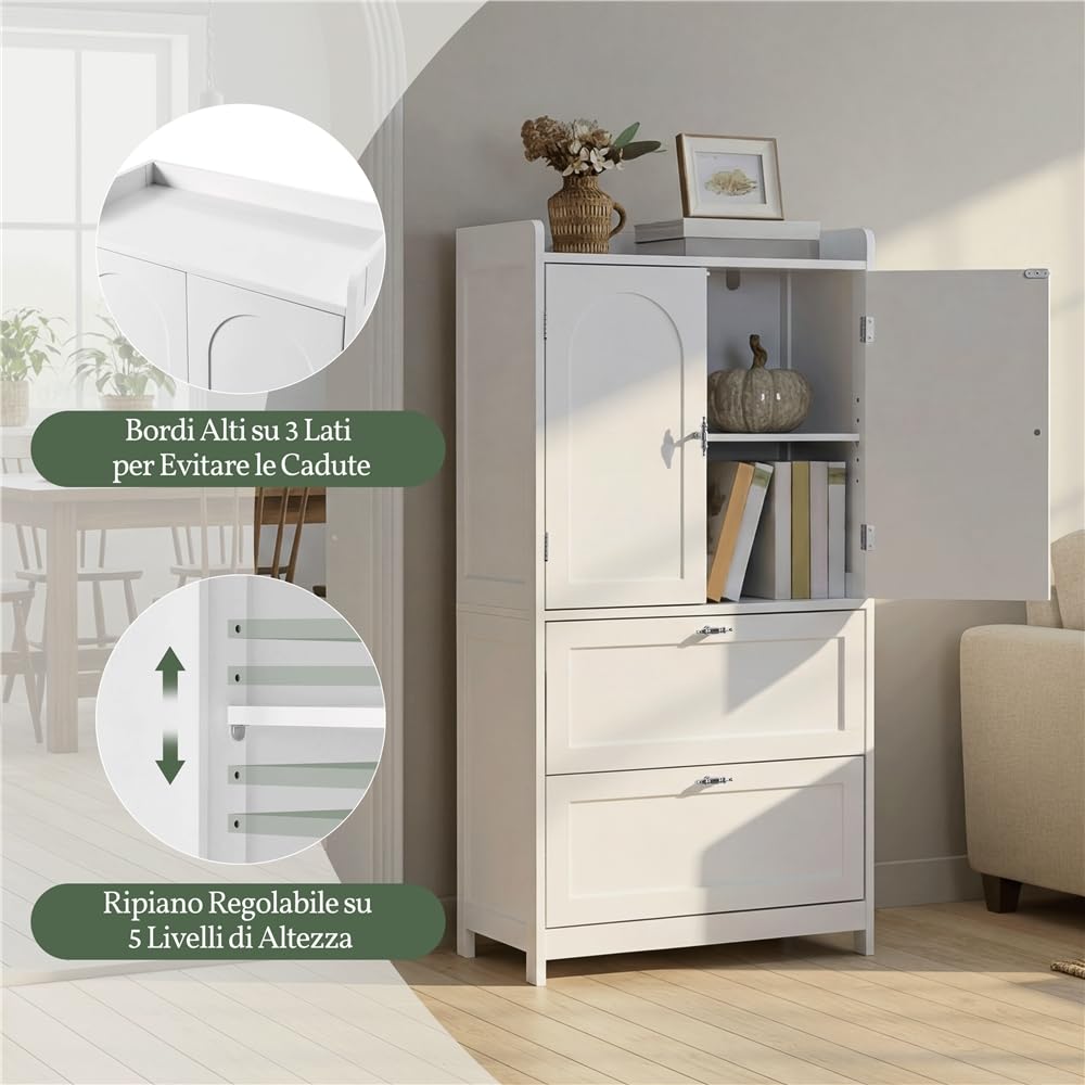 Yaheetech Mobile da Bagno Armadietto Autoportante in Legno Due Ante e Due Cassetti Ripiani Regolabili Mobiletto Bagno Multiuso per Soggiorno Salotto Cucina Sala da Pranzo 60x30x115 cm Bianco