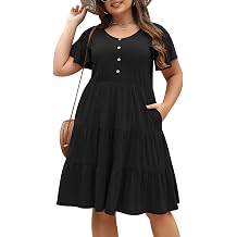 Nemidor Women Plus Size Casual Swing Dress Tiered Midi Pocket | Stretch knit, scoop neck, short sleeve, button , ruffle, 1426 plus, summer, beach, maternity, cocktail, work, church, party