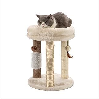 MECOOL 4in1 Small Cat Tree,Scratching Post with Tower Soft Cat Bed, Sisal Carpet Jute Posts with Three Hanging Ball Toys and Massage Brush for Indoor Cats and Kittens