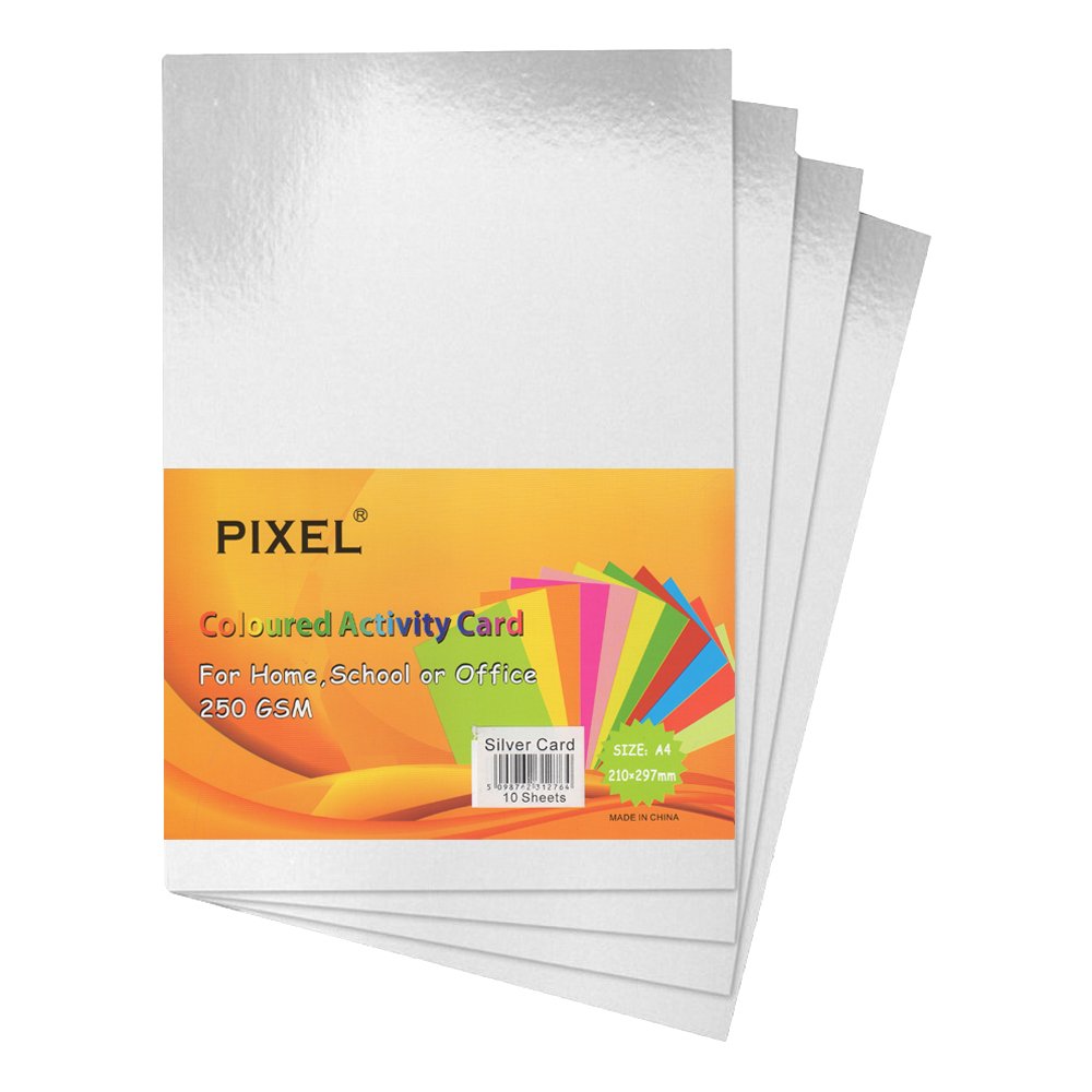 Pixel® Premium A4 250GSM Silver Single Sided Metallic Card. (Metallic Silver x 10 Sheets)