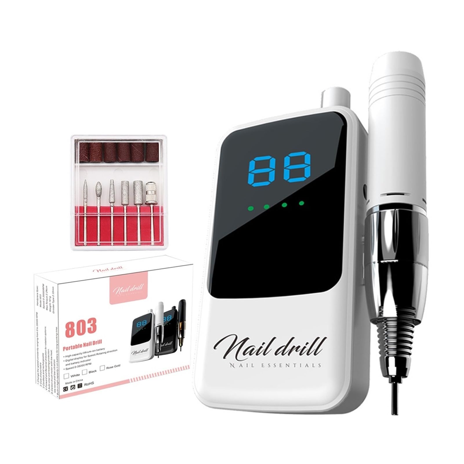 Nagelfräser, Nagelbohrmaschine Mit 35.000 U/min, Wiederaufladbarer Elektrischer Nagelpolierer, Tragbarer Nagelschleifer LCD-Display, Professionelle Maniküremaschine(Noir)