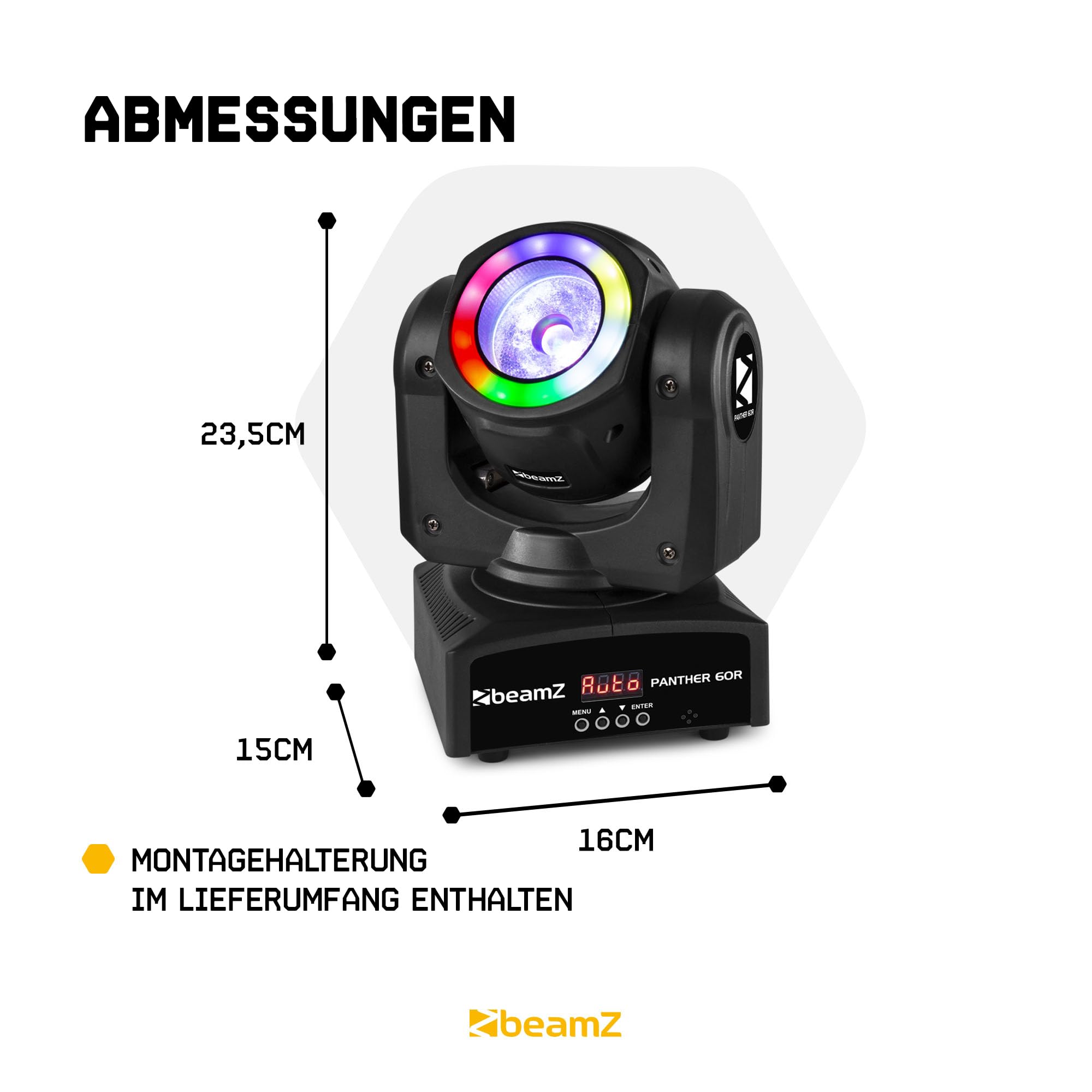 BeamZ Panther 60R Moving Head LED mit LED-Ring, 60 Watt, Bühnenlicht, Bühnenbeleuchtung, DMX Licht, Lichtanlage Musikgesteuert, Disco Licht, Bühnenscheinwerfer, DJ Lichtanlage - Schwarz