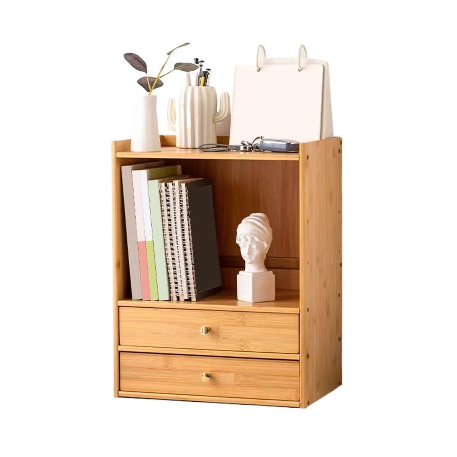 Shihan-2015 Bookcase Desktop Simple Bookshelf Home Bamboo Storag Rack with Double Drawers Display Shelf