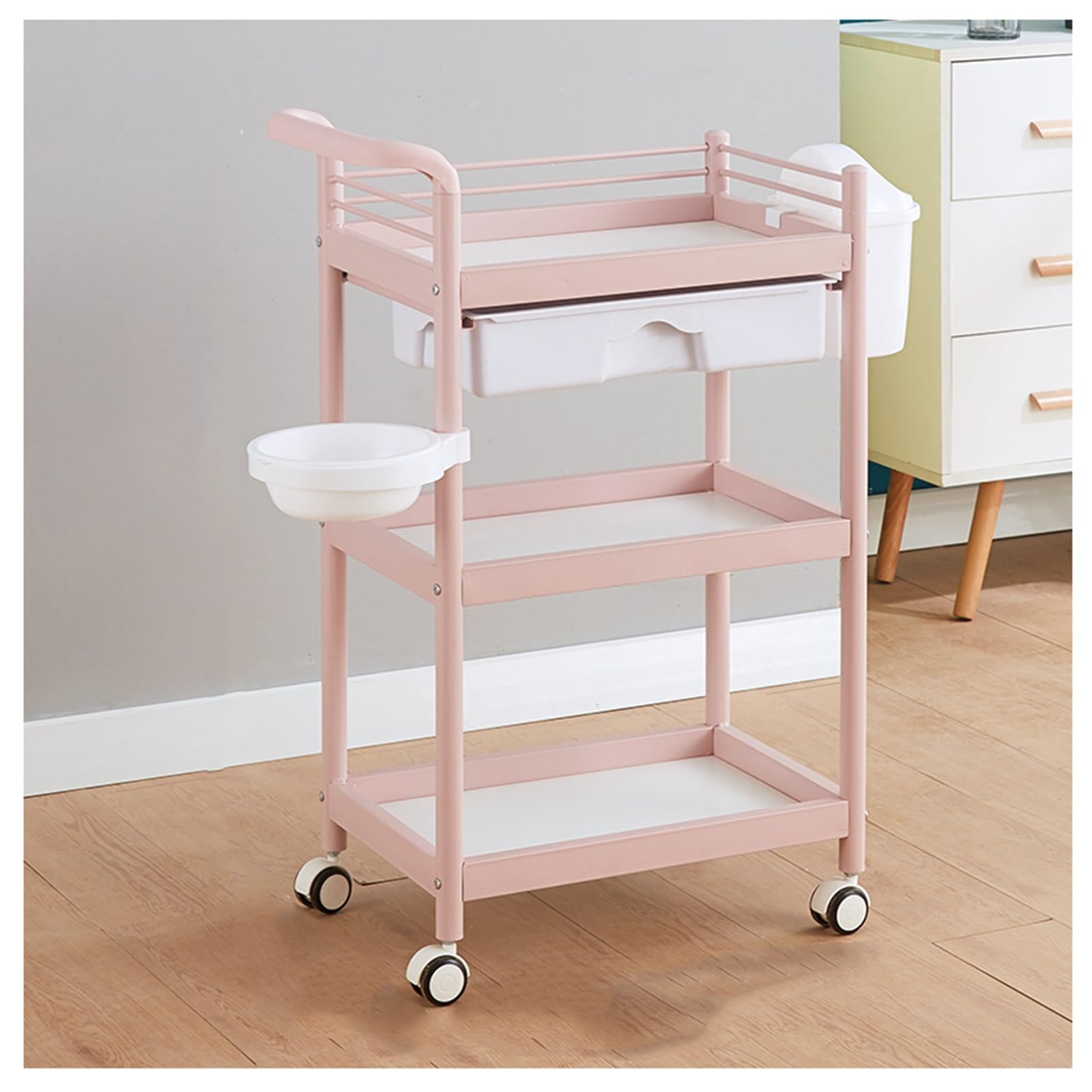 Carrello Estetista A 3 Livelli Carrello Rotante con Maniglia Carrello Parrucchiere con Cassetto Scorrevole E Cestino Portaoggetti Carrello Portaoggetti con Guida Superiore(Pink)