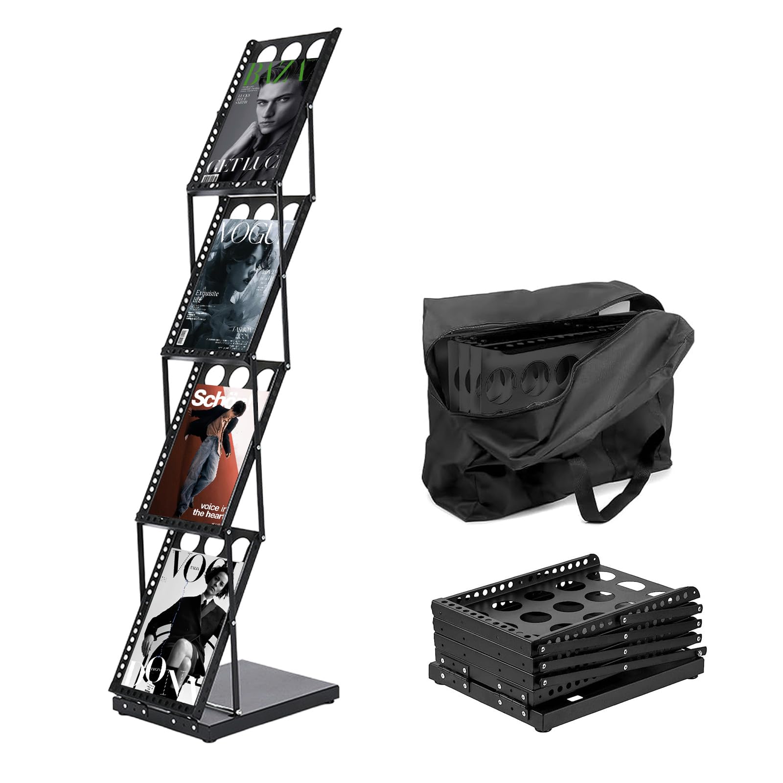 Porte-revues pliable à 4 poches noir pour brochures et magazines