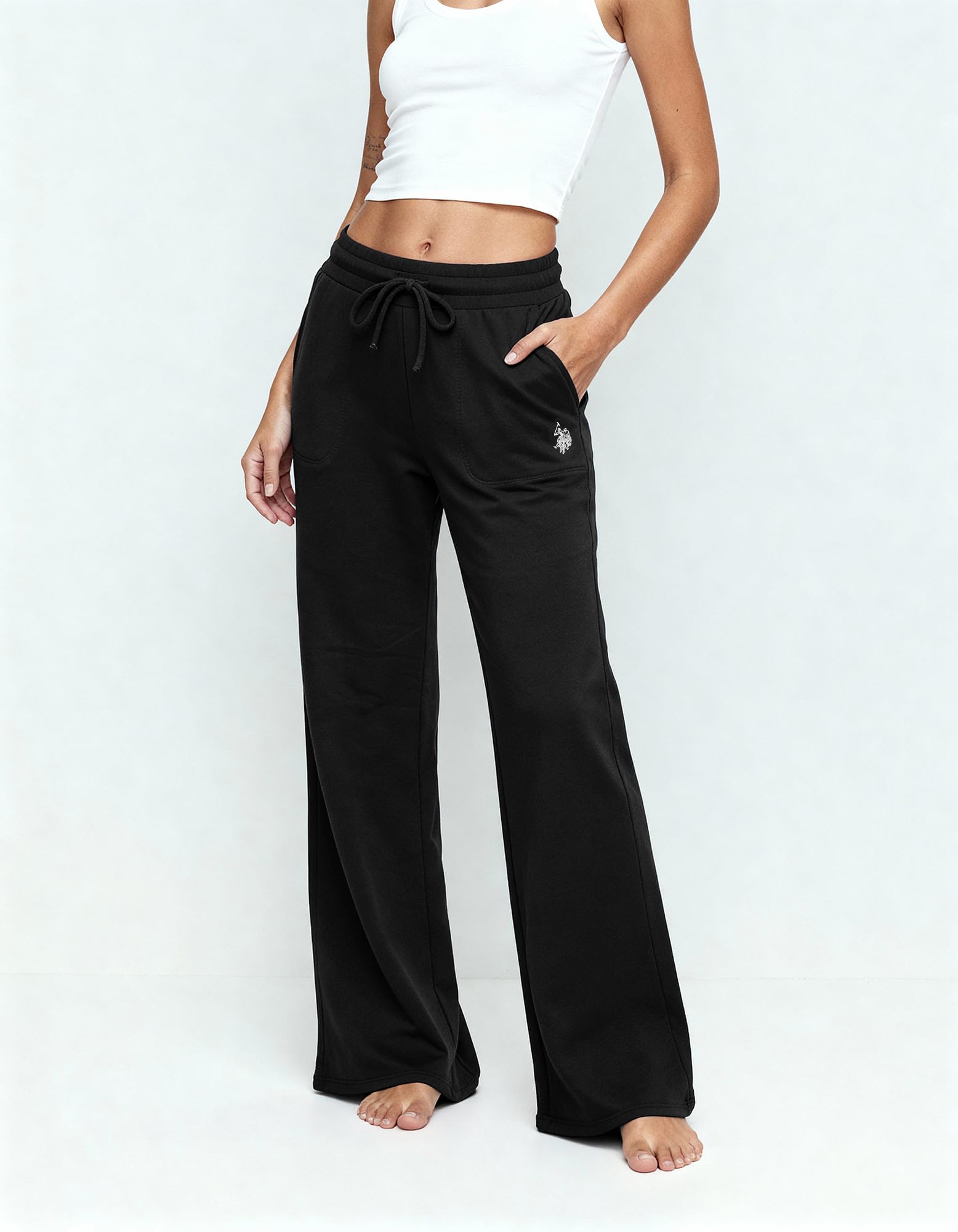 U.S. Polo Assn. Wide Leg Sweatpants for Women Soft Fleece-Backed Jersey Knit, Baggy Sweatpants Open Leg (Black, Large)