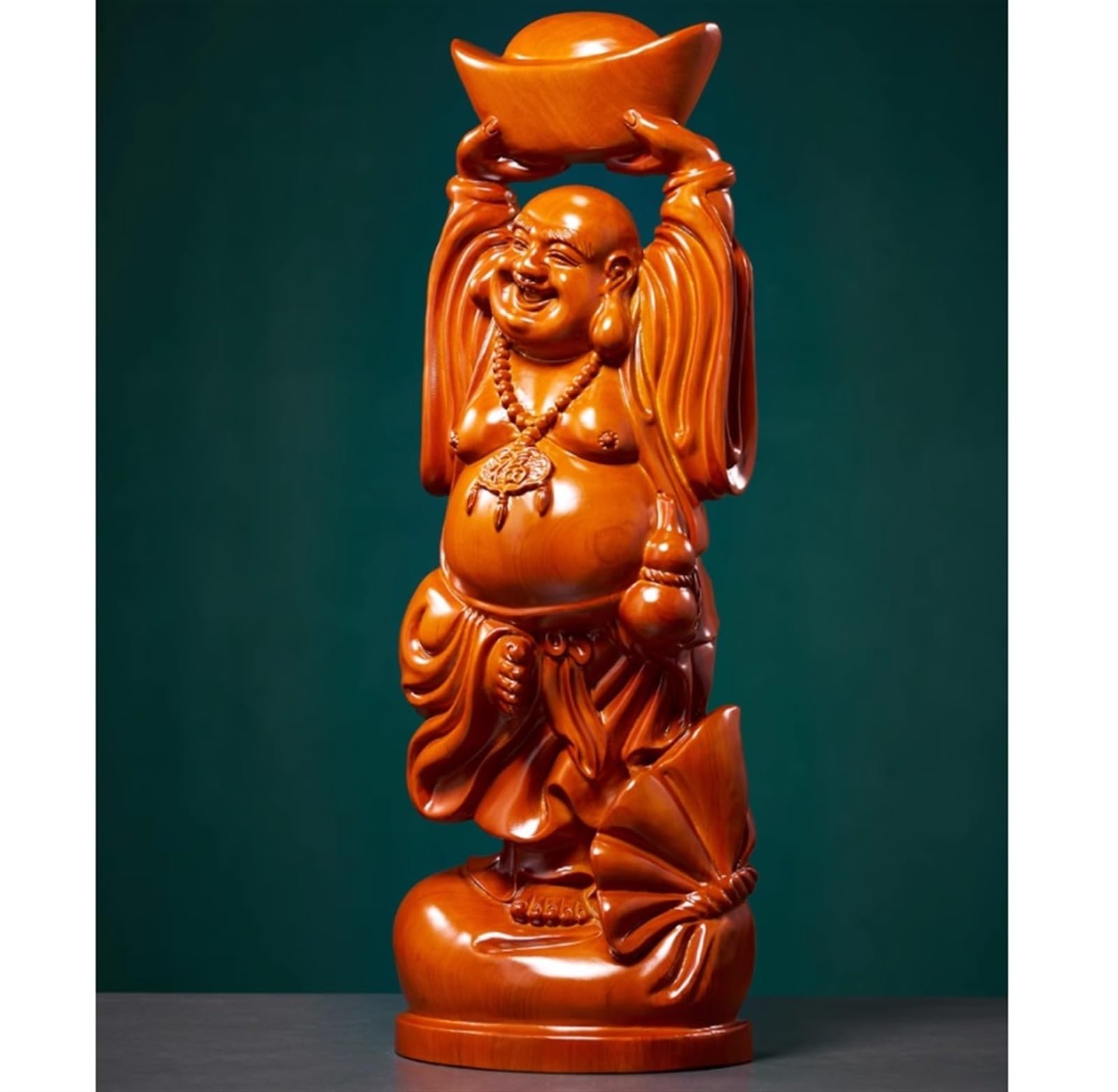 Budas Decorativos Buddha Estatua De Buda Sonriente De Madera para Decoración del Hogar, Estatuilla De Buda Feliz De La Suerte, Decoración De Buda Interior Escultura Adorno Artesanal(22 * 12 * 50cm)