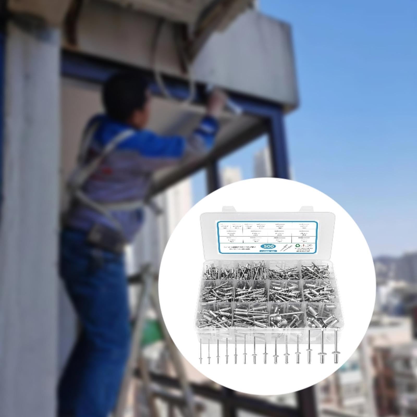 500 Piezas Remaches Ciegos Mixtos Abiertos Caja Plástica Divisores Separados Instalación Sencilla Adecuado para Mantenimiento Instrumentos Trabajos Do, Plata