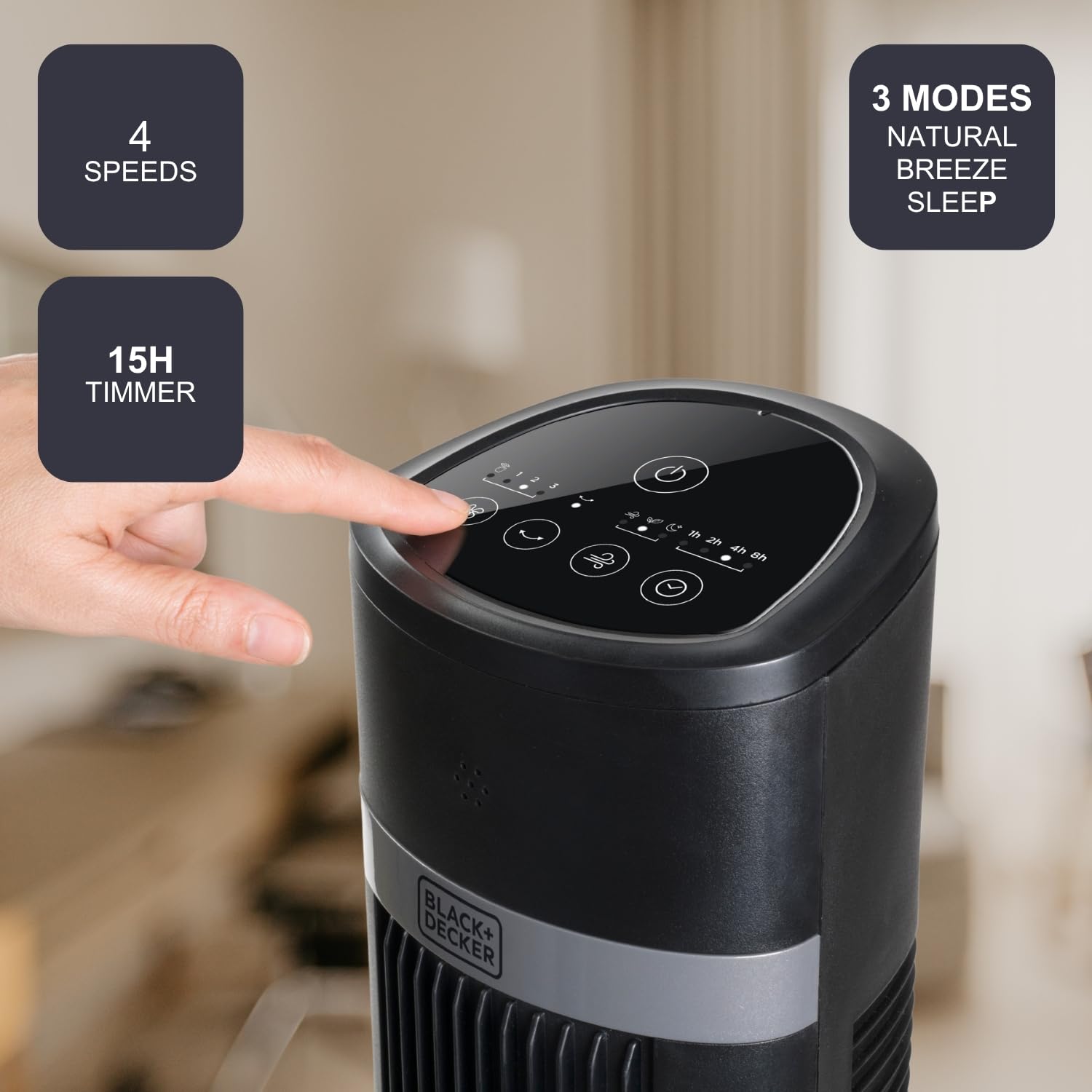 Black+Decker BXEFT50E wentylator kolumnowy 102 cm, 45 W, 4 prędkości, oscylujący, kontroler soft touch, timer 15h, pilot zdalnego sterowania, 3 tryby, cichy uchwyt, stabilna podstawa, czarny