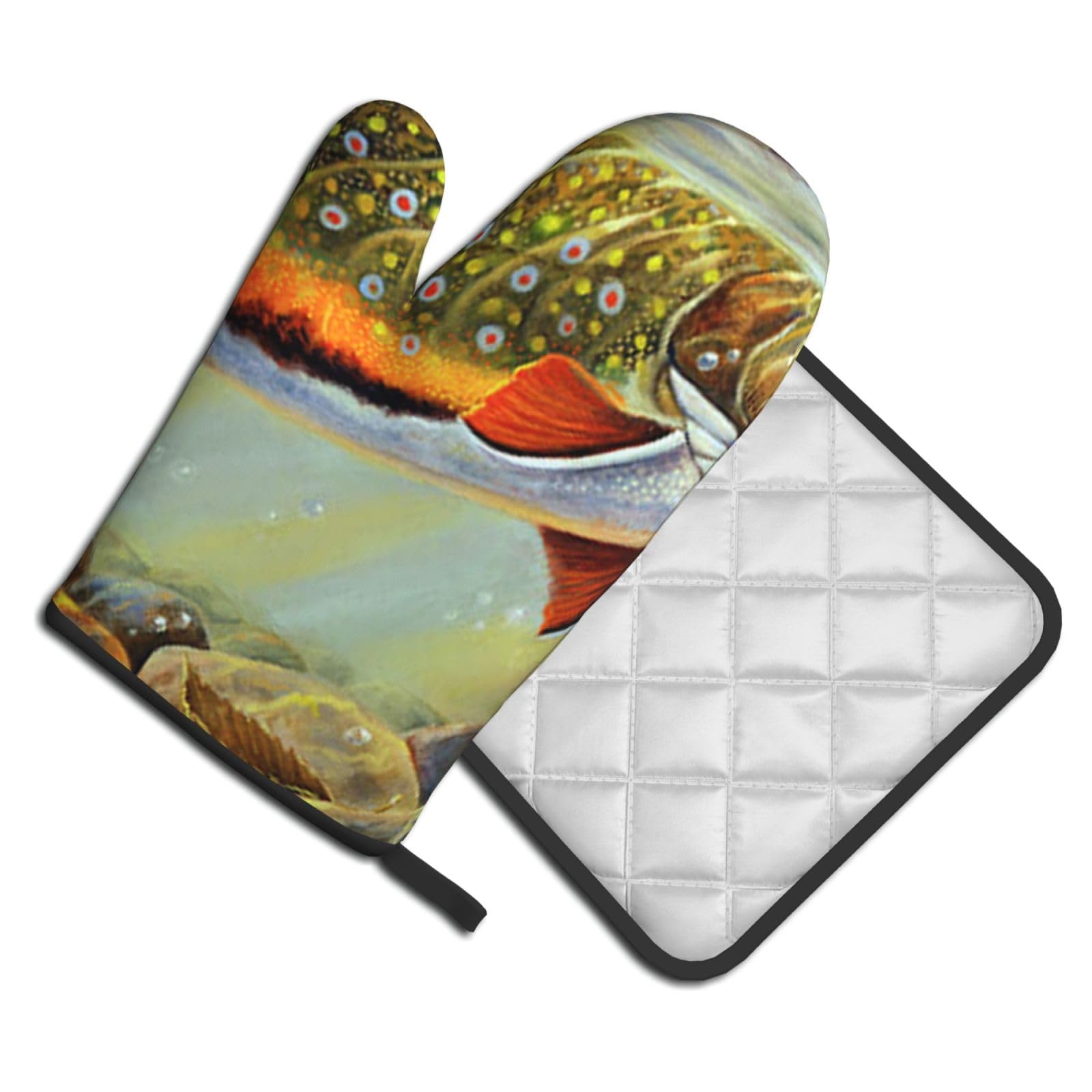 Oven Mitts and Pot Holders Set of 2 Pcs, Brook Trout-Fly Fishing Printed Heat Resistant Kitchen Gloves Potholders for Cooking Baking Grilling
