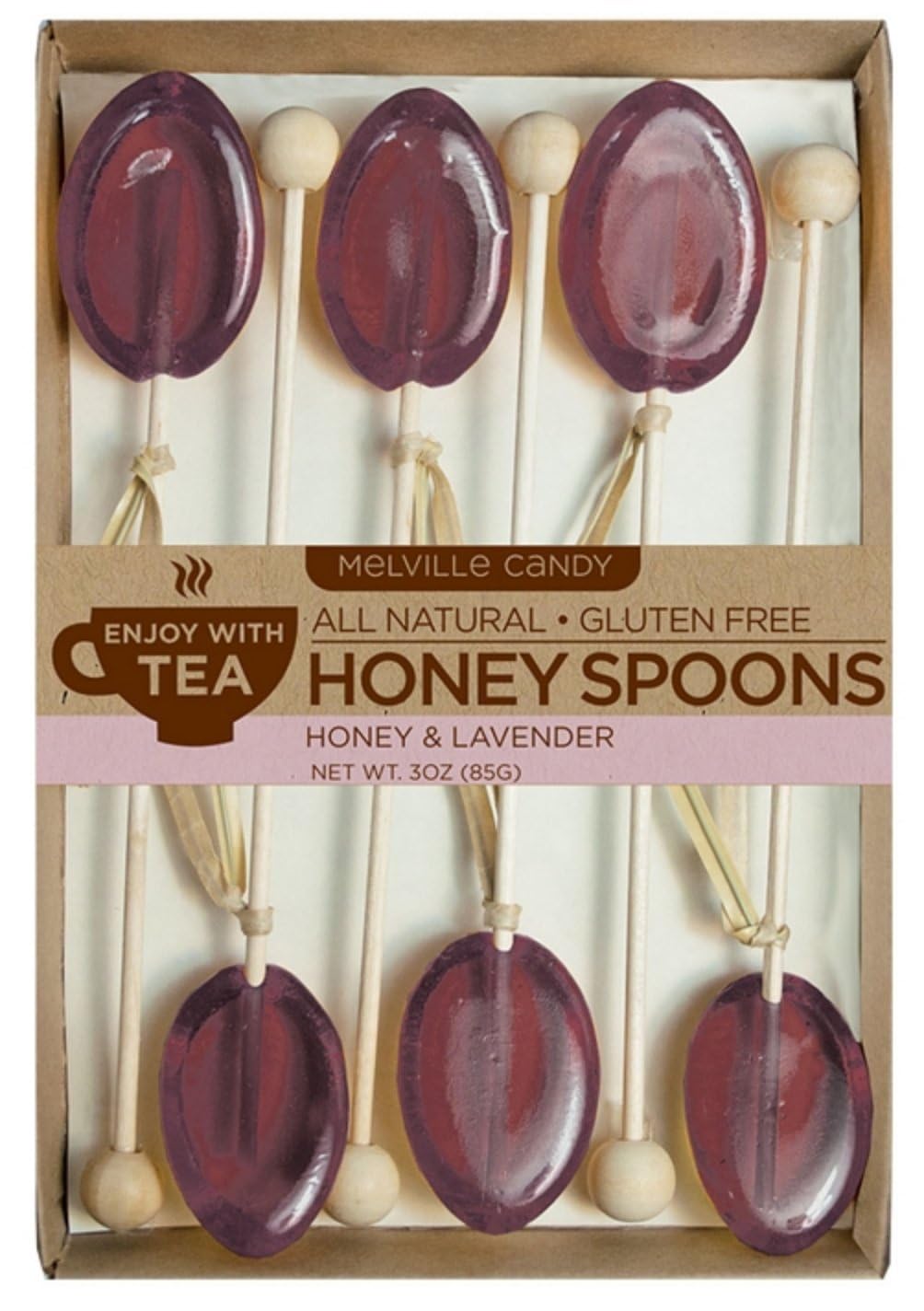 Melville Candy Honey Spoon Gift Set – Spoons & Lollipops on Wooden Ball Sticks – Gluten-Free, Made in USA Stirrers for Tea, Coffee, & Hot Beverages - Individually Wrapped (6-count, Lavender)