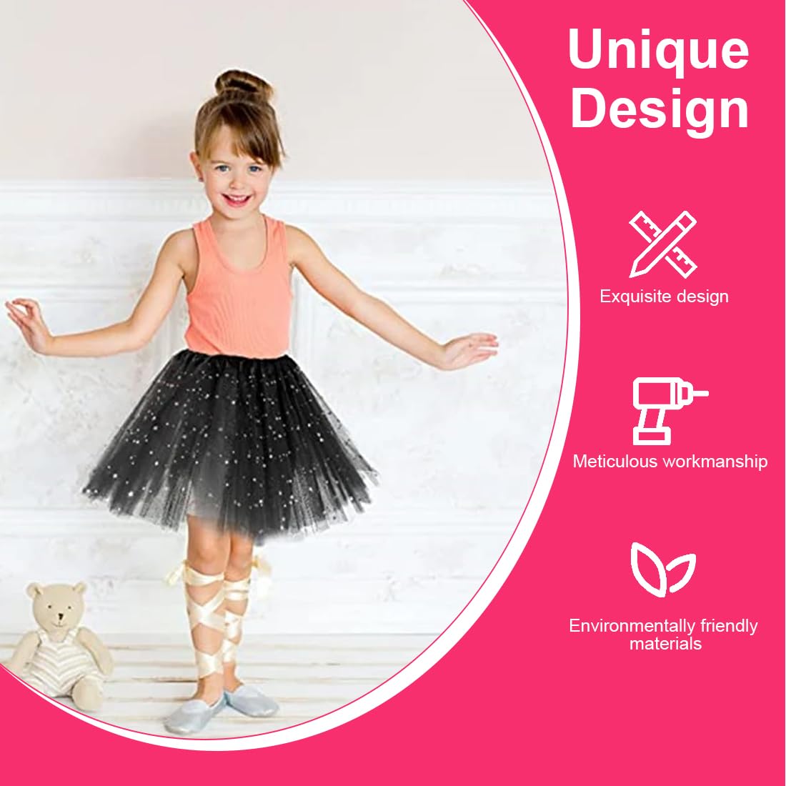 NHQZ Gonna Tulle per Bambine, Tutu Skirt per Ragazze 2-8 Anni, Nero, Tulle Poliestere, Vita Elastica, 30 cm, Per Feste e Spettacoli