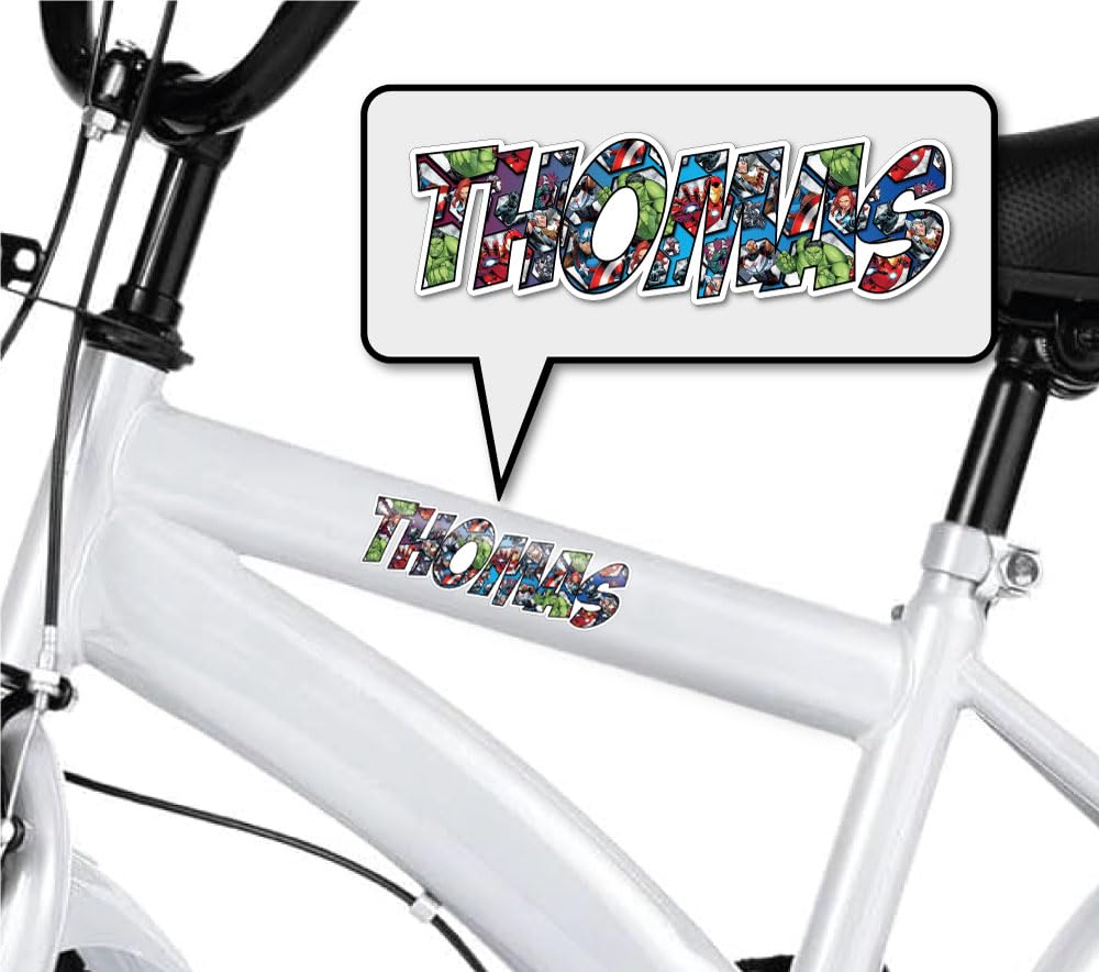 Epic Modz White 2X Personalised Name Bike Frame Stickers Superhero Font, Kids Custom Bicycle Scooter Car Balance Trike Wheelchair Lunch Box Decal
