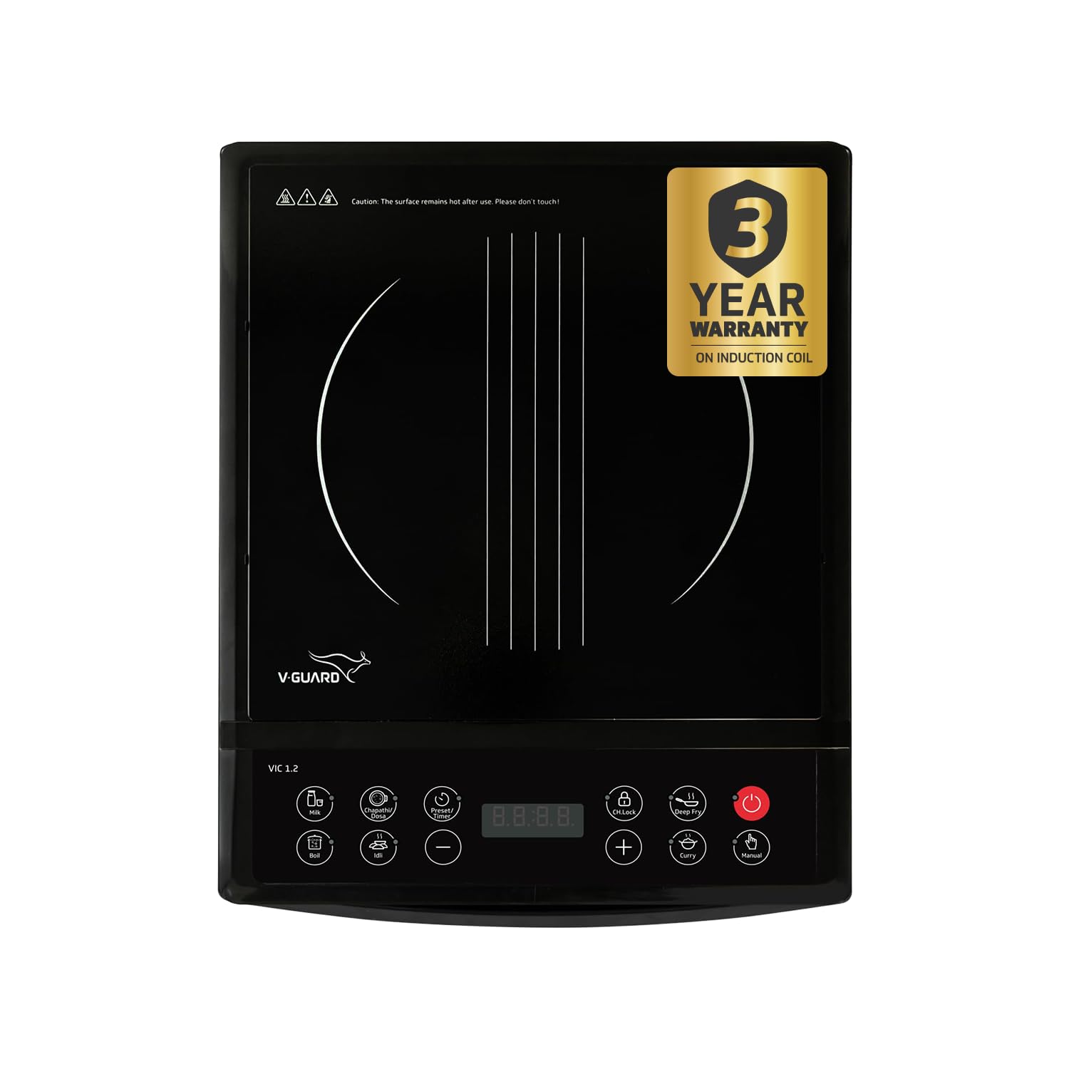 V-Guard VIC 1.2 Induction Cooktop | 1200 Watt Electric Induction Cooker With 7 Power Levels| 3 kV Surge Protection | Push Button | Auto-Cutoff | Auto Pan Detection | A-Grade Crystalline Glass
