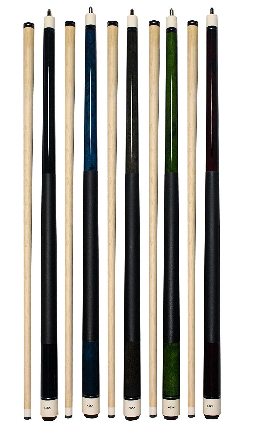 'ASKA Set of 5 Pool Cue Sticks 58'', 2-Piece Construction, 5/16x18 Joint, Hard Rock Canadian Maple, 13mm Hard Glued On Tip, Mixed Weights and Colors, Choice of Style'