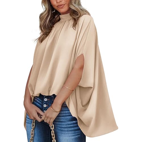 BTFBM Women Mock Neck Summer Tops 2025 Spring Batwing Short Sleeve Loose High Low Hem Casual Oversized Blouses Shirts