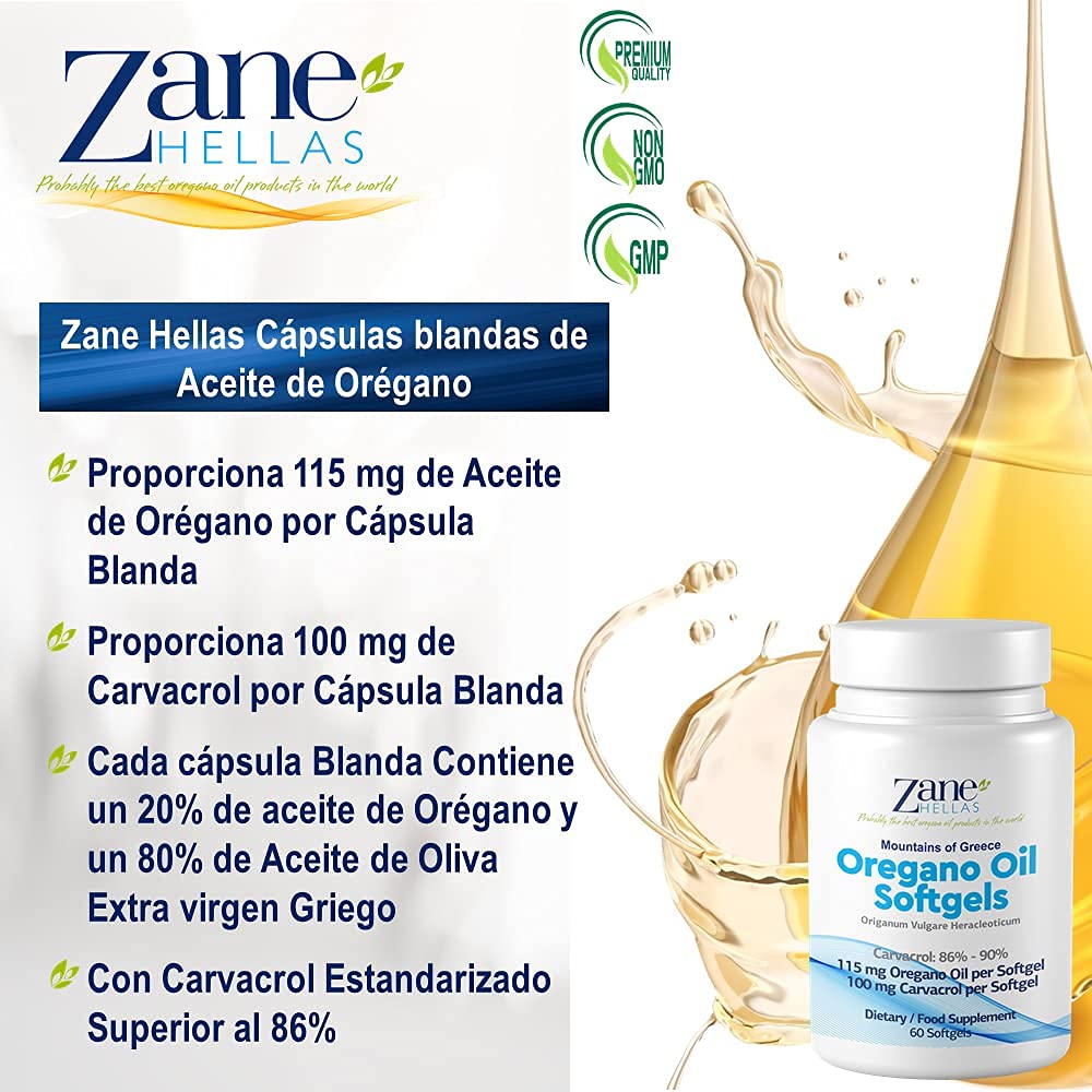 Zane Hellas Cápsulas de aceite de orégano. Cada cápsula blanda contiene un 20% de aceite esencial griego puro de orégano. 100 mg de Carvacrol por cápsula blanda.120 cápsulas blandas.Paquete de 2