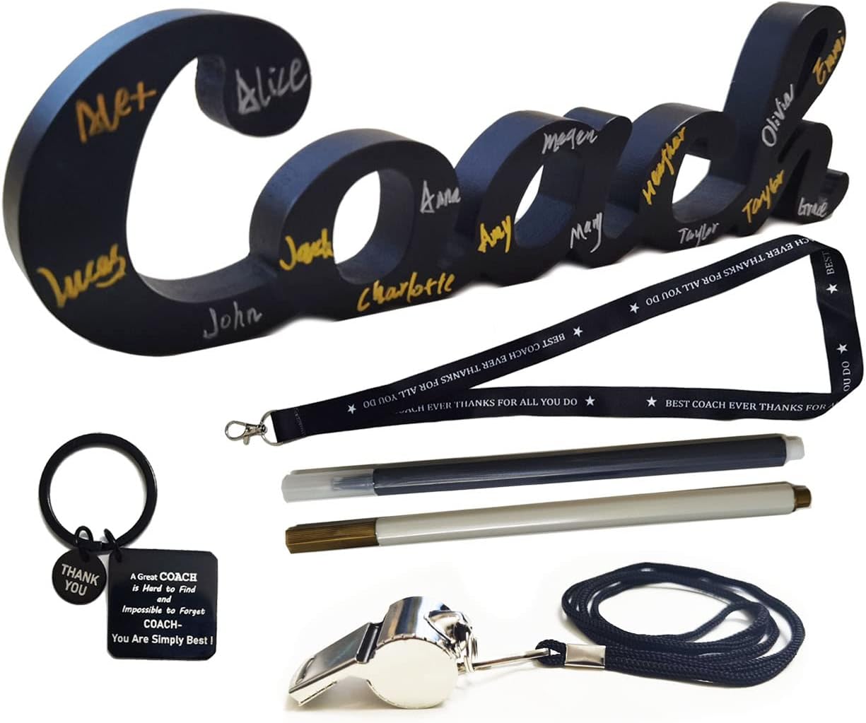 6 Pack Thank You Coach Gift Kit Including Black Coach Wood Sign, Coach Pen, Coach Lanyard, Whistles with Rope Coach Keychain for Referee Football Gym Sports Teacher Coach Men Women Gifts Set for Home
