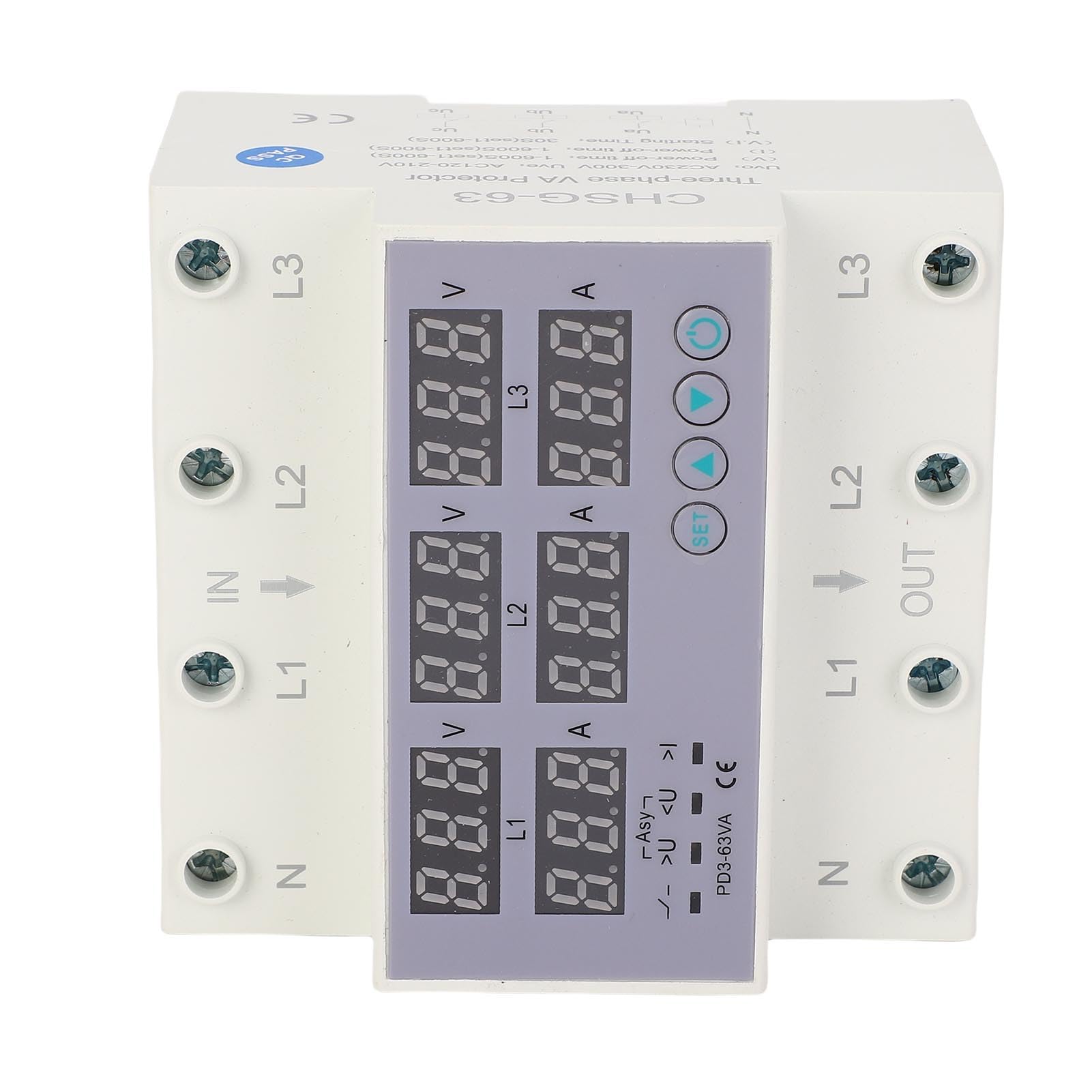 Ampèremètre Voltmètre à Rail DIN triphasé, AC 390 à 500 V, Protection Automatique contre les Surintensités et les Surtensions Réglables, Affichage Numérique (63A)