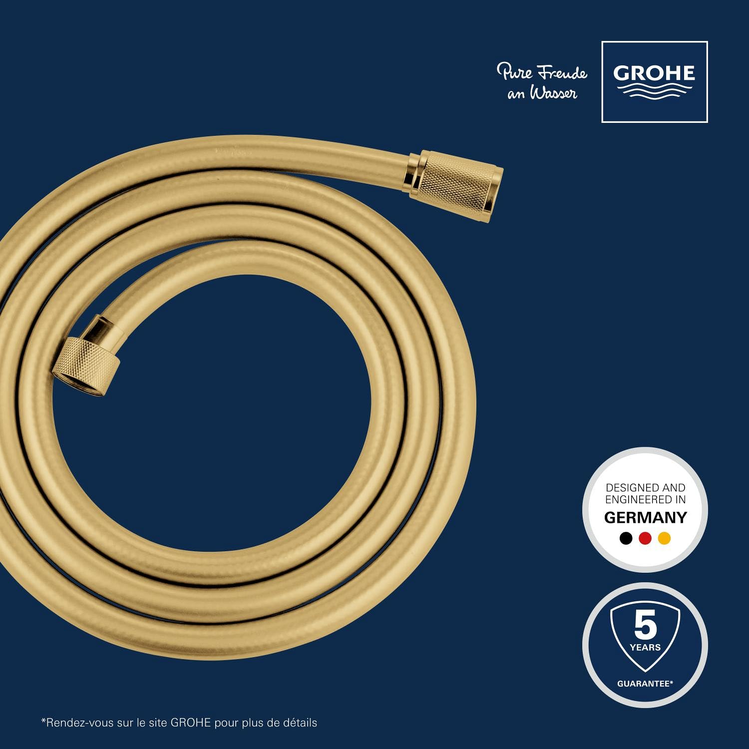 GROHE Flexible de douche salle de bains, Silverflex TwistStop, tuyau de douche 1750mm, anti-pliures, finition couleur dorée, raccord fileté universel 1/2", 28388GL0