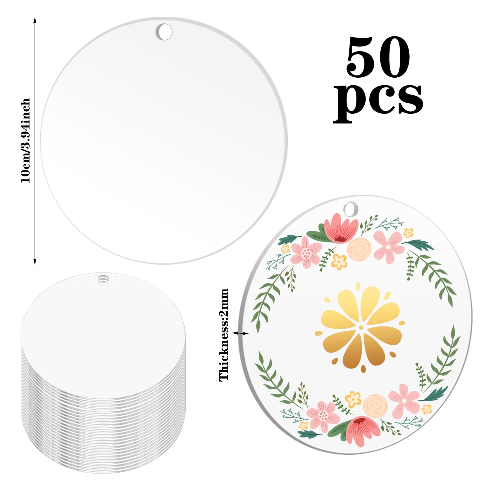 50 Stück Transparent Acrylplatte 10CM Rund Acryl Platte Klare Scheibe Acrylscheibe für DIY Schlüsselanhänger Basteln
