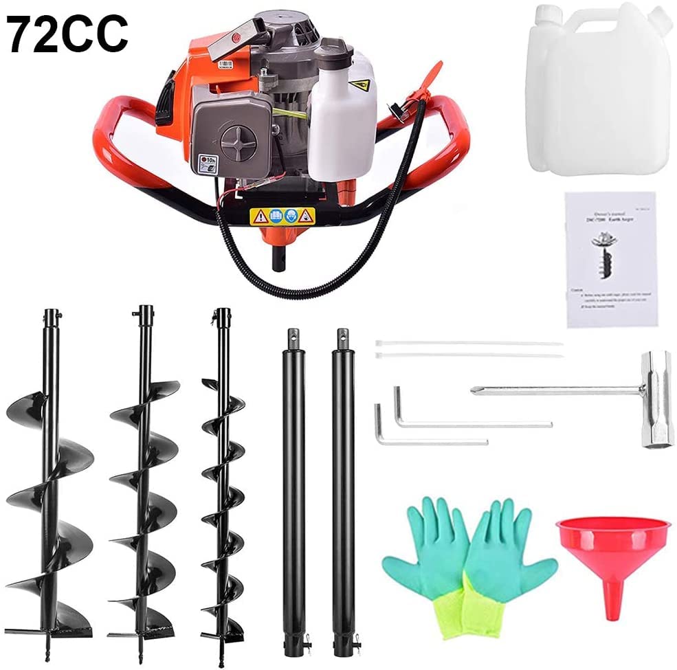 Image of 72cc Post Hole Digger 2-Stroke Petrol Gas Powered Earth Digger with 3 Auger Drill Bits (4 inch 8 inch & 12 inch) + 2 Extension Rods for Farm Garden Plant