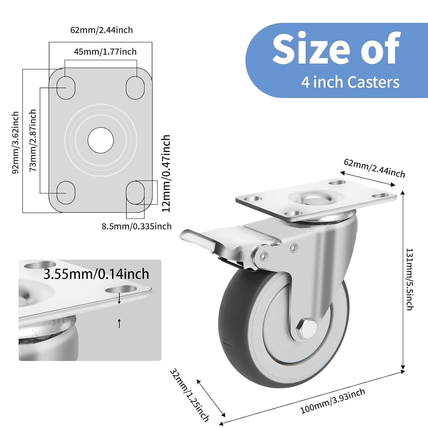 4 Inch Caster Wheels Set of 4 Heavy Duty Swivel Casters Includes Mounting Hardware 1320 Lbs Load Capacity Quiet TPE Casters with 2 Locking Brakes for Furniture Workbench and Cart