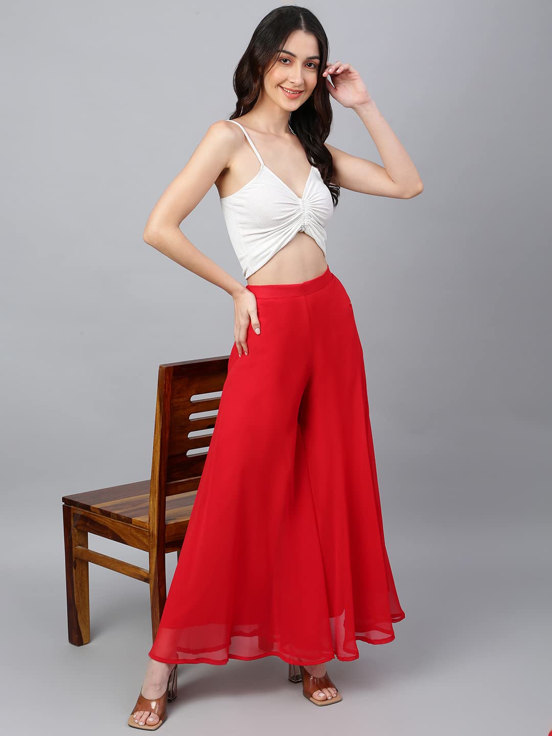 RATAN Women High Rise Georgette Flared Freesize Relaxed Fit Sharara Palazzo Pant With Lining (Red_Onesize) 1