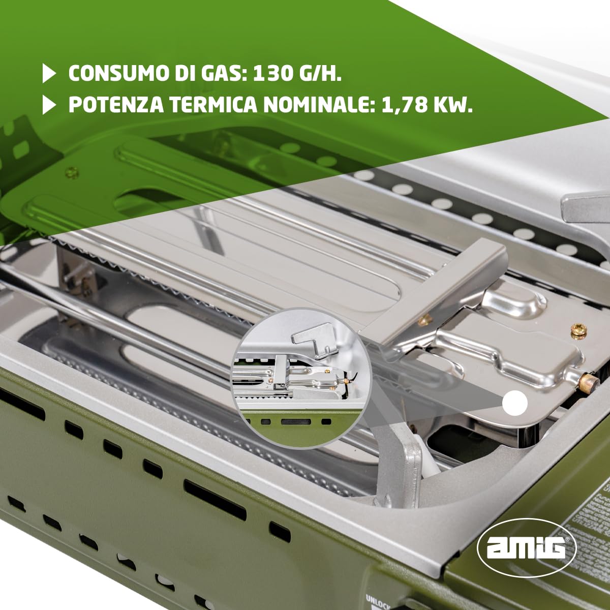 Amig - Cucina a gas da campeggio BBQK01- Kit fornello grill portatile - Griglia in alluminio pressofuso + piastra con coperchio di cottura - Vaschetta raccogli grasso - 1,8 kW - Cartucce B-250