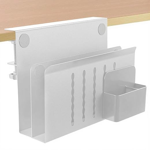 2 Tier Desk Side Storage, Under Desk Laptop Holder with Magnetic Pen Holder, Clamp on Table Organizer, No Drill Hanging Table Organizer for Office and Home Fits Flat Edge 0.3" to 2.3"