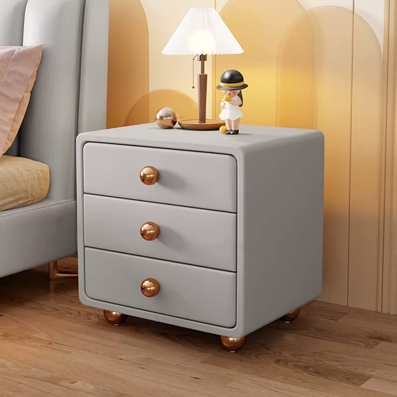 Table de chevet à 3 tiroirs en bois et cuir meuble ultra-étroit pour chambre à coucher