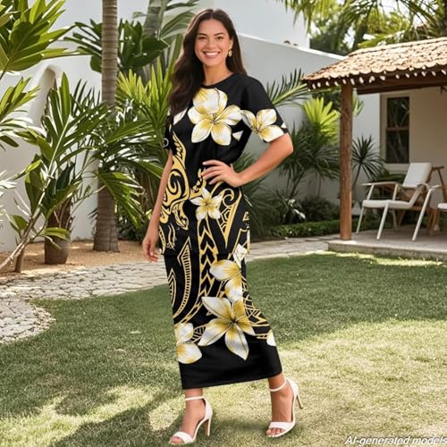 Image of Polynesian Dress for Women Short Sleeve High Waist Maxi Skirt | Puletasi dress, t-shirt and skirt two-piece, elastic material, lightweight, soft, plus size, luau party, wedding, clubwear