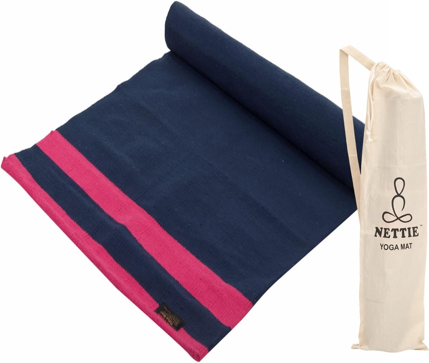 Nettie Handloom Cotton Yoga Mat With Free Carry Bag, 180 cm x 72 cm (Navy Blue & Pink) - Standard Size