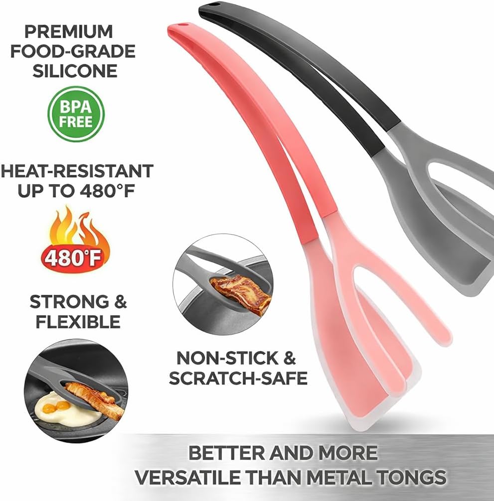 Silicone Spatula Tongs Set of 2 – Heat Resistant 2-in-1 Grip & Flip Non-Stick Cooking Tongs for Pancakes, Eggs, Fish & More – Silicone Kitchen Tool Set (Black & Red)