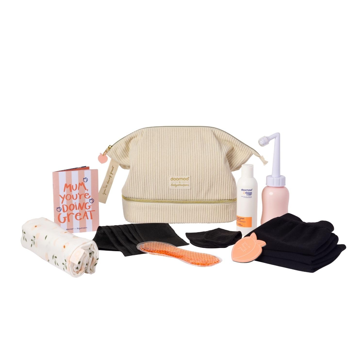 doomoo Mommy Vanity Postpartum Care Set da 8 pezzi con doccia per i glutei, lozione per il lavaggio intimo, fasce rinfrescanti e biancheria intima puerperale, grande beauty case con accessori