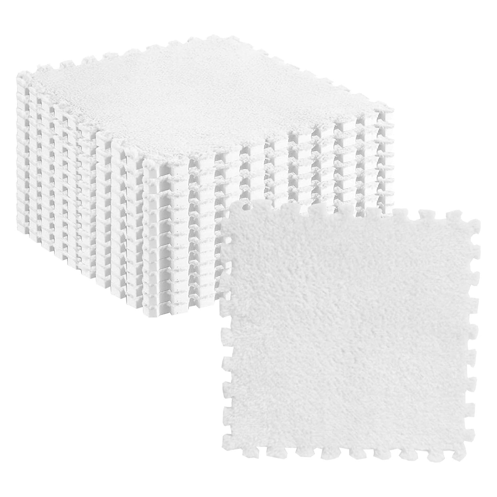 10pcs Plush Foam Puzzle Mat Tiles Soft and Non Slip Interlocking Carpet Tiles for Bedroom or Kids Room (White)