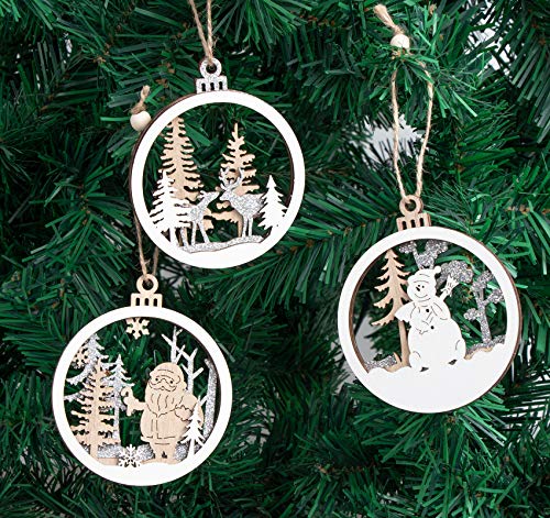Christmas Wooden Ornament 6Pcs Retro Glitter Tree Hanging Decoration Wood Reindeer Oranment Fretwork Craft Gift Tags, Sliver & White #TOP1