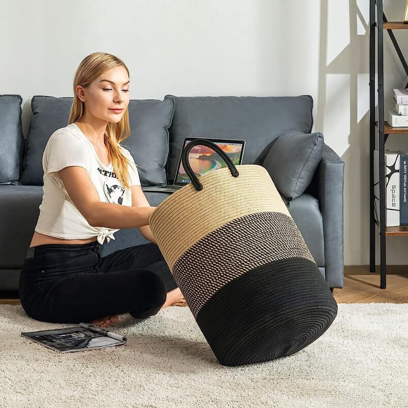 Image of Storage Rope Laundry Hamper Basket for Clothes, Towels and Blankets in Livingroom, Bedroom, Laundry Room and Basket for Nursery Storage (Size - 14 inch x 14 inch x 18 inch) (Beige Black Mix)