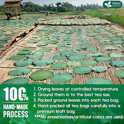 Image of FreshDrinkUS, Premium 75 Lotus Leaf Tea Bags, 100% Natural & Pure from Lotus Leaves. Loose Leaf Lotus Herbal Tea. Made with Eco-Conscious Tea Bags. No Sugar, No Caffeine, No Gluten, Vegan.